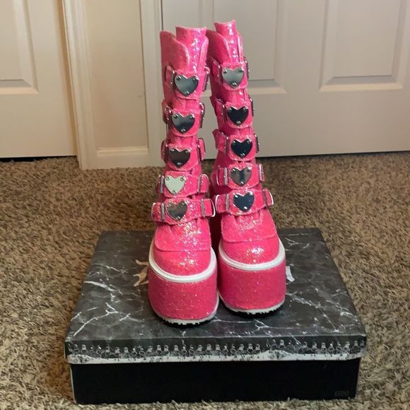 Demonia Shoes - Demonia boots pink heart trinity silver glitter 9 dolls kill platform heels shoe